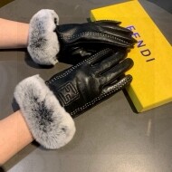 펜디 FENDI 클래식 로고 토끼털 여성 가죽 장갑